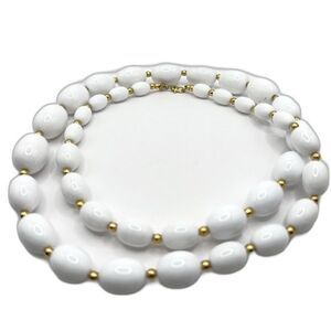 Vintage Signed Monet 80s White Chunky Bead Necklace Clip On Earrings